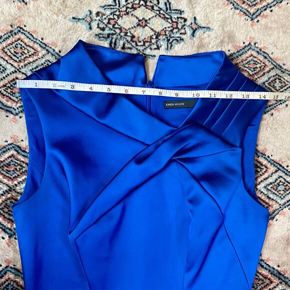 Stunning Karen Millen Electric Blue Satin Folded Collar Sleeveless Dress Size 4 - Picture 13 of 16